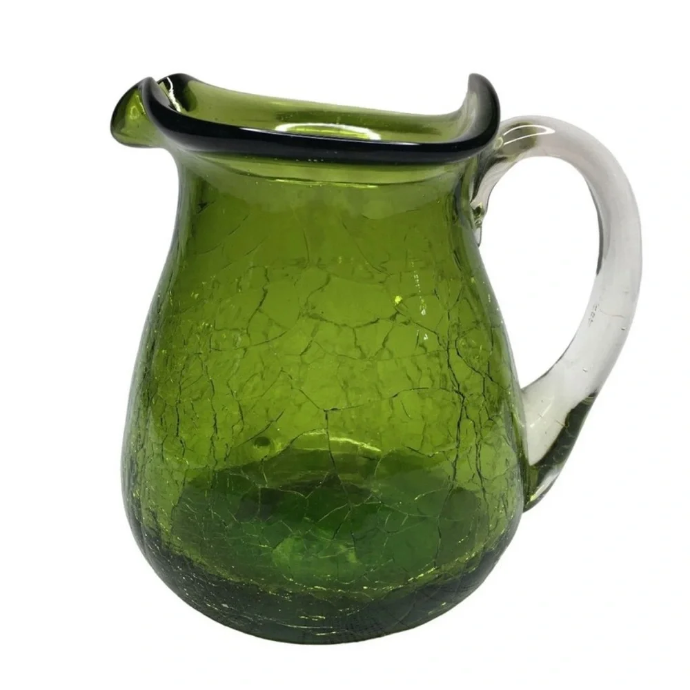 Vintage Blenko green crackle glass pitcher with clear glass handle - Picture 5 of 5